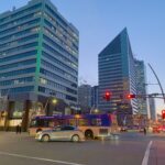 Jasper Avenue at 101 Street at dusk in downtown Edmonton