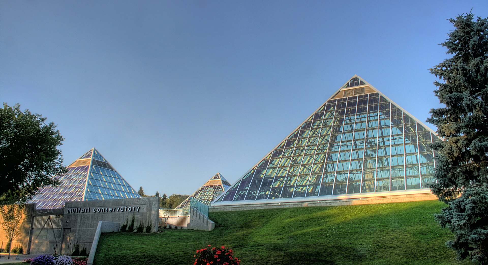 The glass pyramids of the Muttart Conservatory in Edmonton's river valley