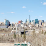 Downtown Edmonton skyline and the Walterdale Bridge seen from Saskatchewan Drive