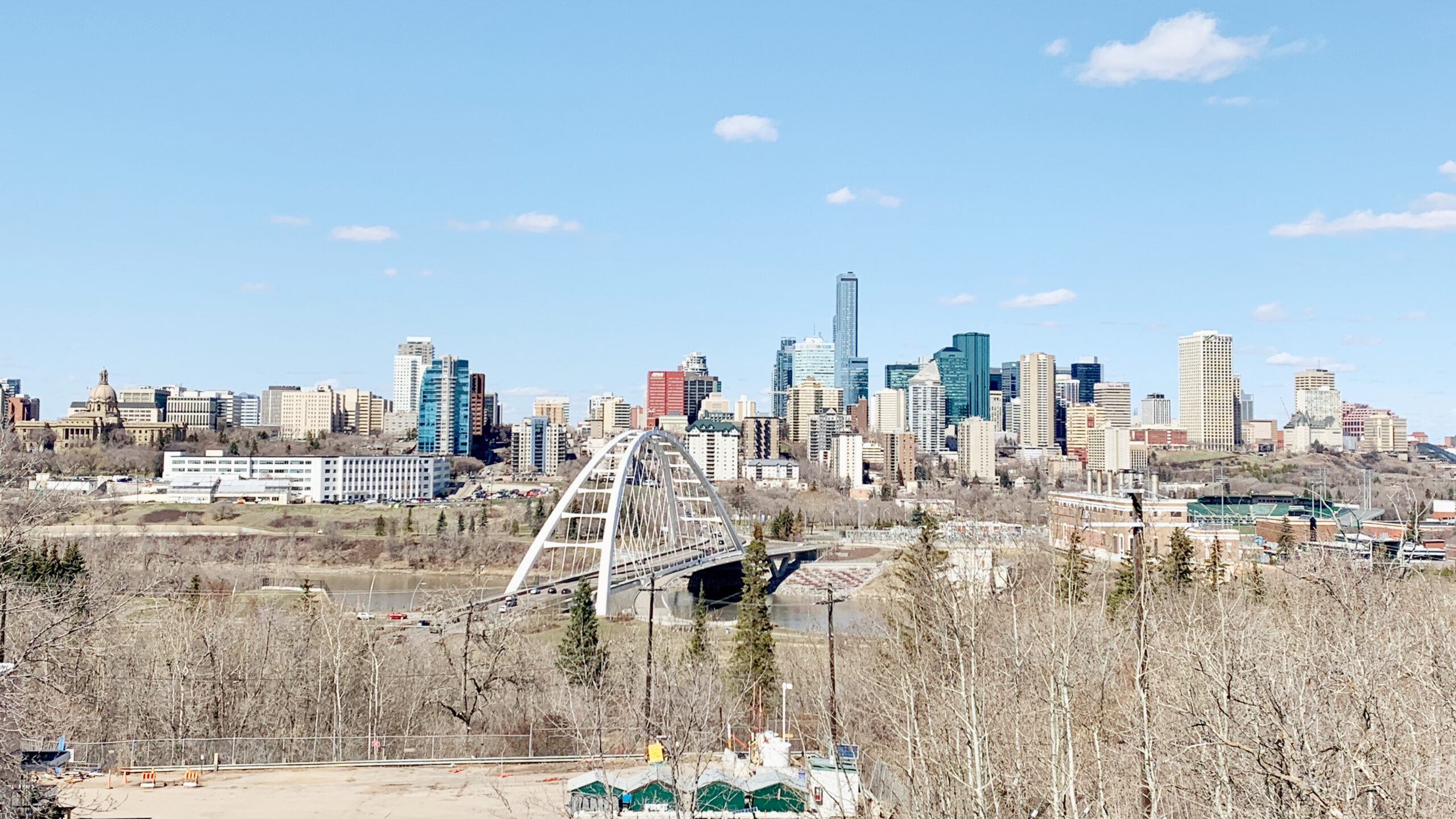 Downtown Edmonton skyline and the Walterdale Bridge seen from Saskatchewan Drive