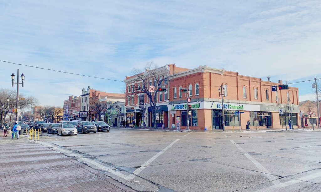 Shops and restaurants along Whyte Avenue at 104 Street in Old Strathcona