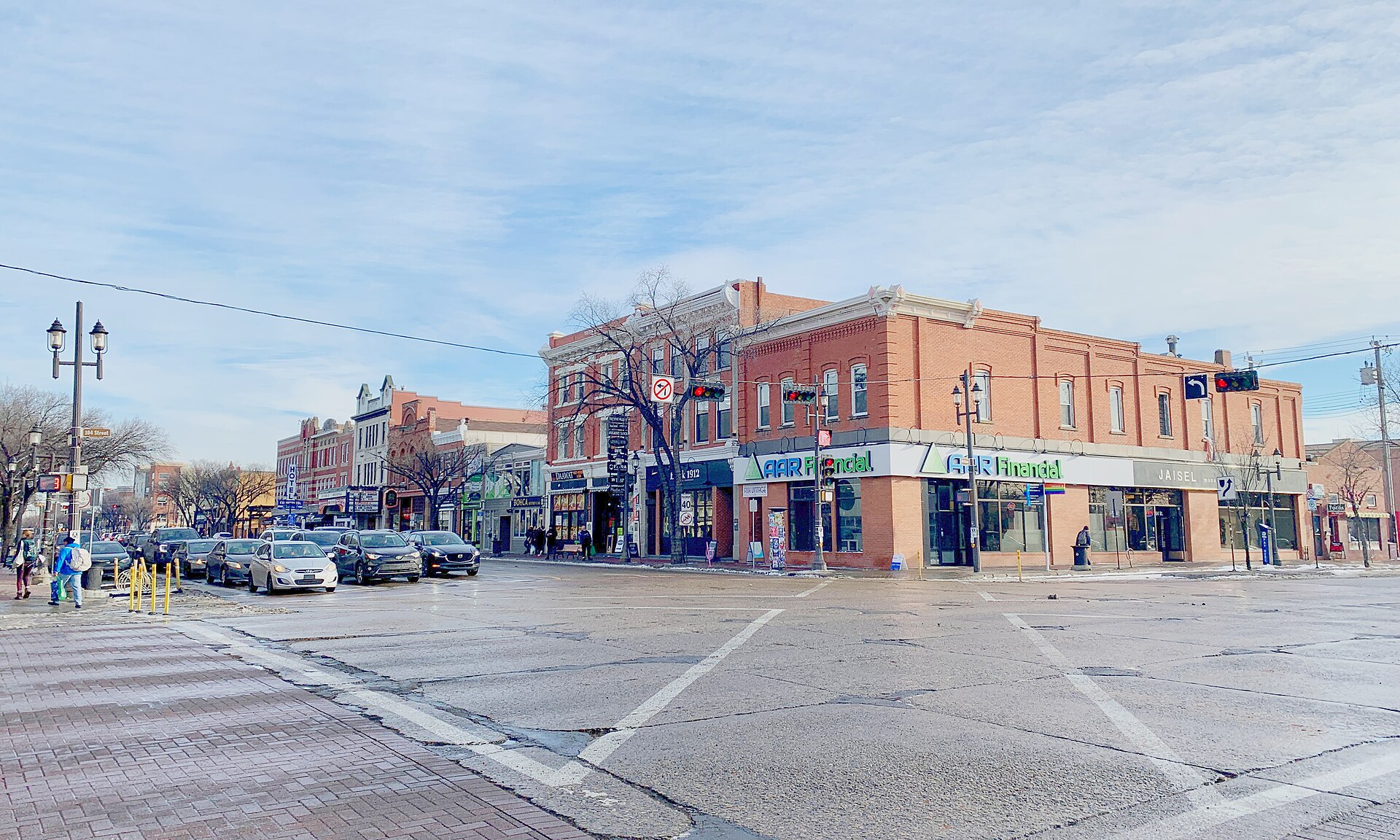 Shops and restaurants along Whyte Avenue at 104 Street in Old Strathcona